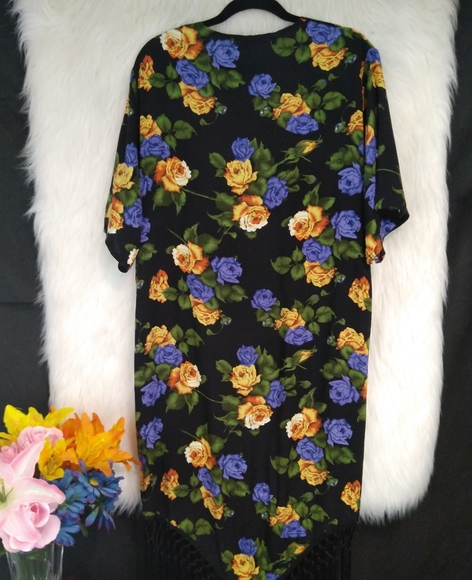 Asos Black Multi Color Floral Open Short Sleeve Fringed Robe Cover Up Size 8 - Picture 2 of 11